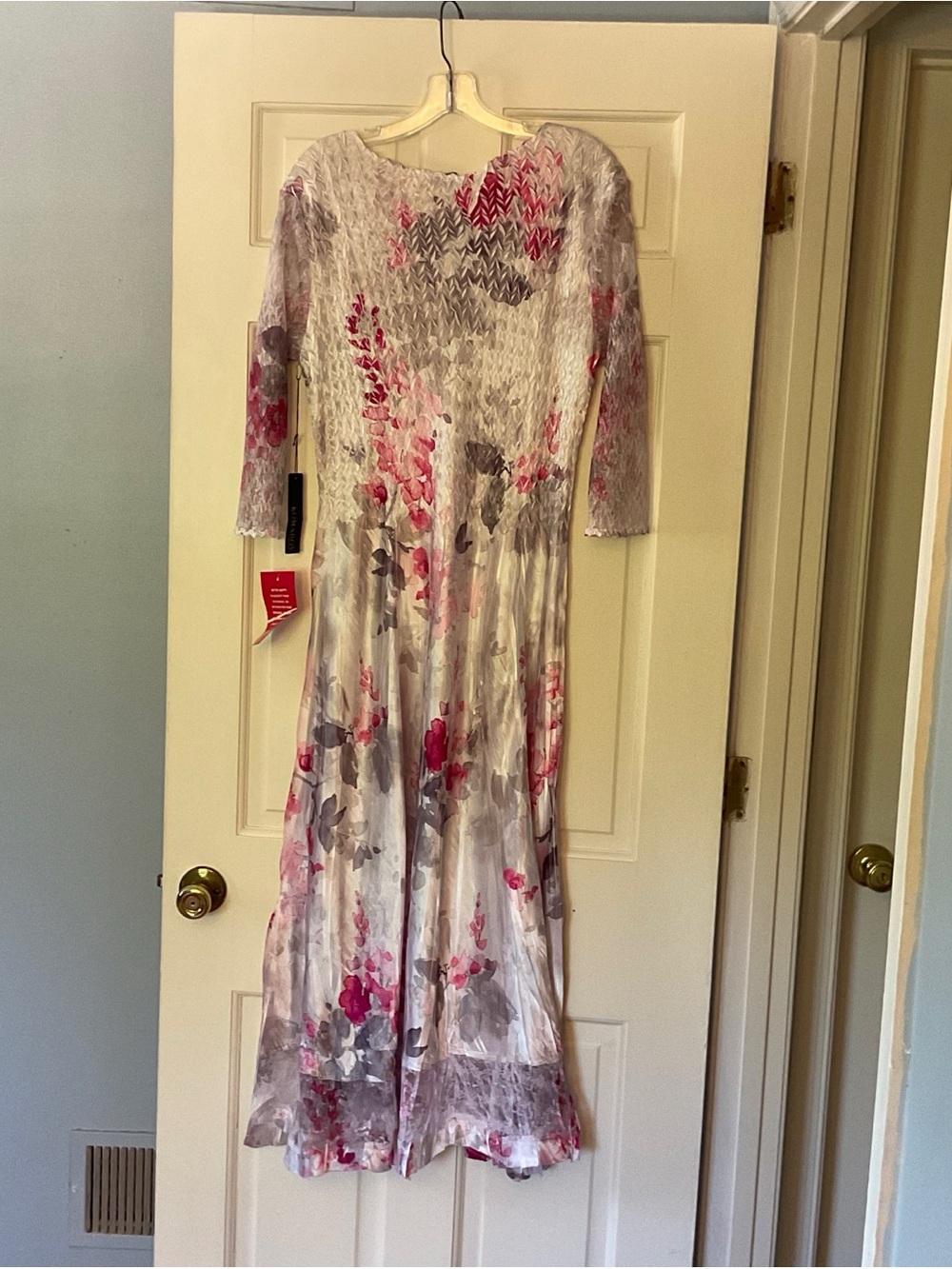 Komarov Lace Sleeve Charmeuse Dress Midi Rouge Wisteria L NWT Wedding Guest - Picture 7 of 10